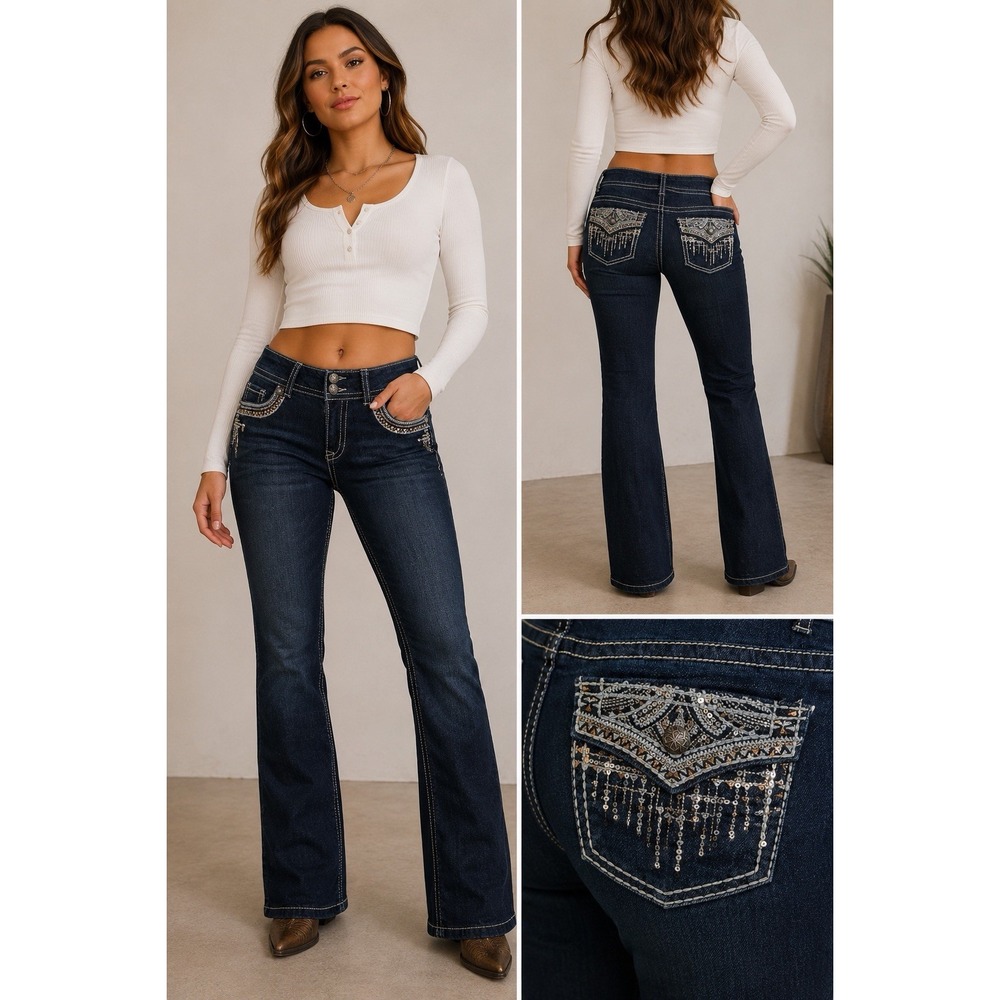 Vanilla Star Dark Wash Bootcut Jeans Embellished Sequin Y2K Western Juniors 11